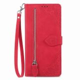 Peňaženkové kožené puzdro Flower Zipper na Xiaomi 13T / 13T Pro - Červená