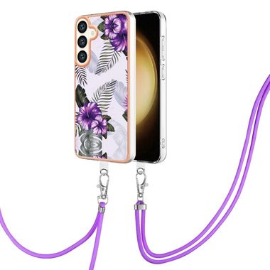 Gumený kryt Electroplating Lanyard na Samsung Galaxy S24 5G - Purple Flower