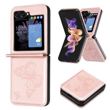 Kožený kryt Butterflies na Samsung Galaxy Z Flip 5 - Ružovozlatá