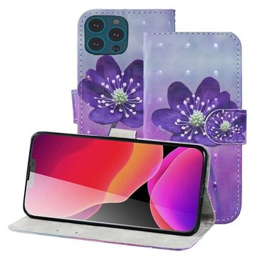 Peňaženkové 3D puzdro DRAWING na iPhone 13 Pro - Purple Flower