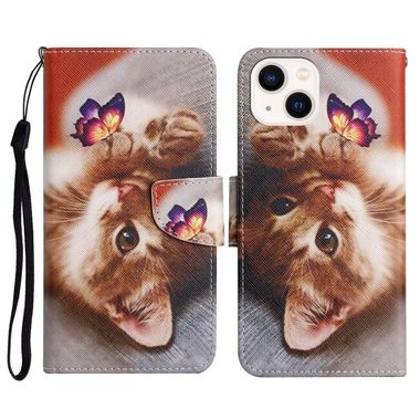 Peňaženkové 3D puzdro na iPhone 15 Plus - Motýľ a mačka