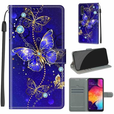 Peňaženkové 3D puzdro na Samsung Galaxy A50 –Blue Golden Chain Butterflies