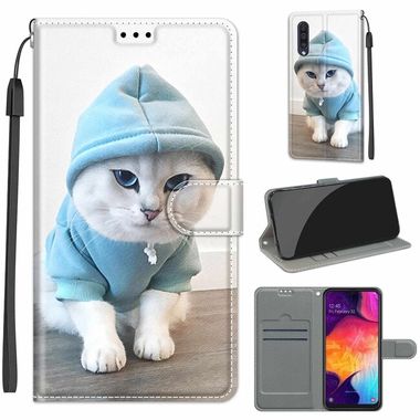 Peňaženkové 3D puzdro na Samsung Galaxy A50 – Blue Sweater White Cat
