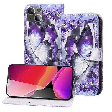 Peňaženkové 3D puzdro PAINTED na iPhone 13 - Purple Flower Butterfly