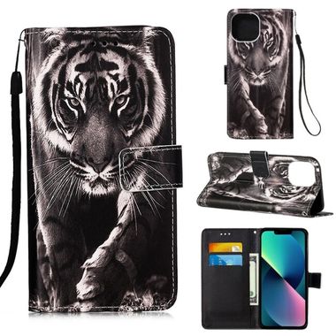 Peňaženkové 3D puzdro PAINTED na iPhone 14 – Čiernobiely tiger