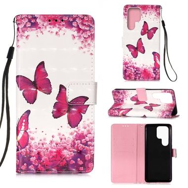 Peňaženkové 3D puzdro PAINTING na Samsung Galaxy S23 Ultra 5G – Ruža a motýľ