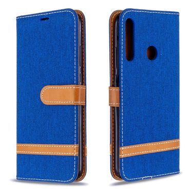 Peňaženkové Denim puzdro na Huawei P40 Lite E - Modrý