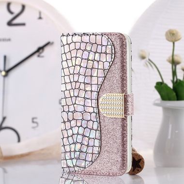 Peňaženkové Glitter puzdro CROCODILE na iPhone 13 - Strieborná