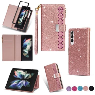 Peňaženkové Glitter puzdro Laser na Samsung Galaxy Z Fold4 - Ružové zlato