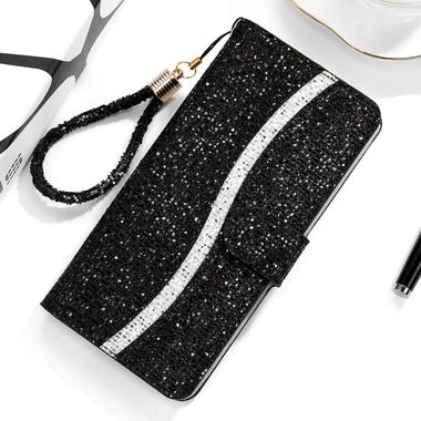 Peňaženkové Glitter puzdro na Huawei P40 Lite E - Čierny
