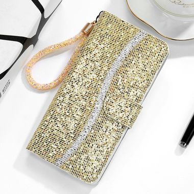 Peňaženkové Glitter puzdro na Huawei P40 Lite E - Zlatý