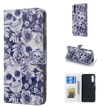 Peňaženkové kožené 3D púzdro na Samsung Galaxy A50 - Lebka a kvet