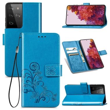 Peňaženkové kožené BUCKLE puzdro na Samsung Galaxy S21 Ultra 5G - Modrá