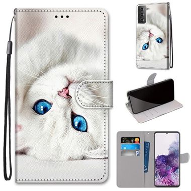 Peňaženkové kožené DRAWING puzdro na Samsung Galaxy S21 Plus 5G - White Kitten