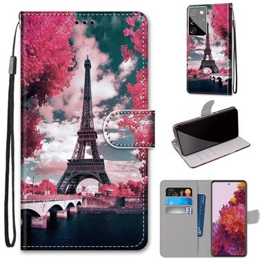 Peňaženkové kožené DRAWING puzdro na Samsung Galaxy S21 Ultra 5G - Pink Flower Tower Bridge