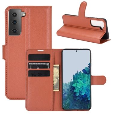 Peňaženkové kožené LITCHI puzdro na Samsung Galaxy S21 Plus 5G - Hnedá