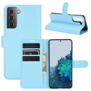 Peňaženkové kožené LITCHI puzdro na Samsung Galaxy S21 Plus 5G - Modrá