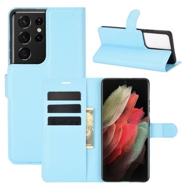 Peňaženkové kožené LITCHI puzdro na Samsung Galaxy S21 Ultra 5G - Modrá