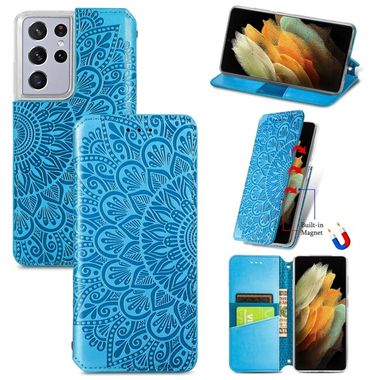 Peňaženkové kožené MANDALA puzdro na Samsung Galaxy S21 Ultra 5G - Modrá