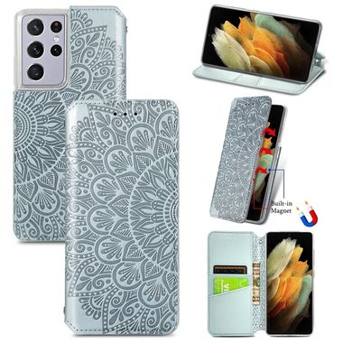 Peňaženkové kožené MANDALA puzdro na Samsung Galaxy S21 Ultra 5G - Šedá