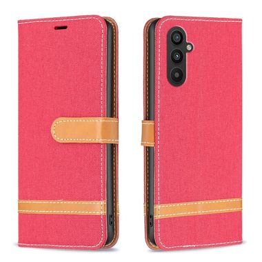 Peňaženkové kožené puzdro Block Denim na Samsung Galaxy A25 5G - Červená