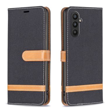 Peňaženkové kožené puzdro Block Denim na Samsung Galaxy A25 5G - Čierna