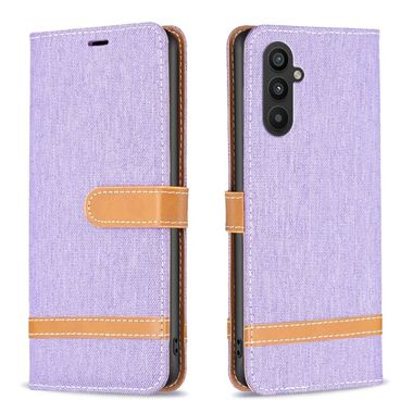 Peňaženkové kožené puzdro Block Denim na Samsung Galaxy A25 5G - Fialová
