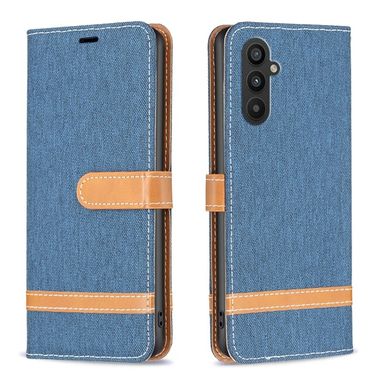 Peňaženkové kožené puzdro Block Denim na Samsung Galaxy A25 5G - Tmavo Modrá