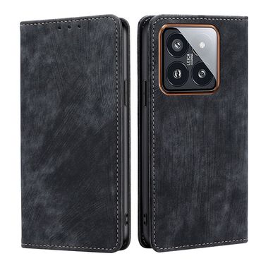Peňaženkové kožené puzdro Brush na Xiaomi 14 Pro - Čierna