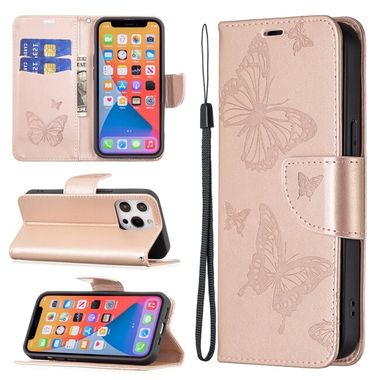 Peňaženkové kožené puzdro BUTTERFLIES na iPhone 13 Mini - Ružovozlatá
