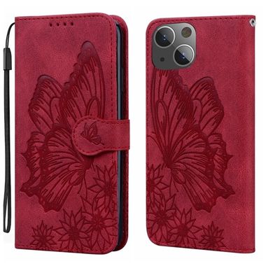 Peňaženkové kožené puzdro Butterflies na iPhone 15 - Červená