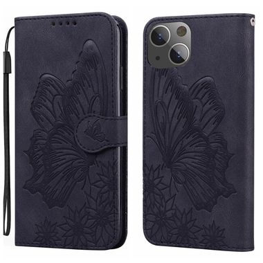 Peňaženkové kožené puzdro Butterflies na iPhone 15 - Čierna