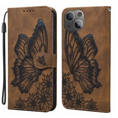 Peňaženkové kožené puzdro Butterflies na iPhone 15 - Hnedá