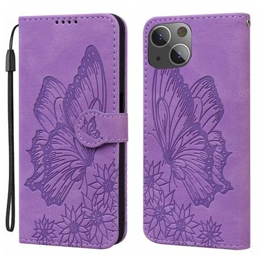 Peňaženkové kožené puzdro Butterflies na iPhone 15 Plus - Fialová
