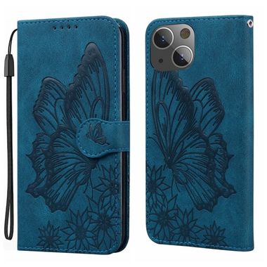 Peňaženkové kožené puzdro Butterflies na iPhone 15 Plus - Modrá