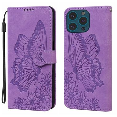 Peňaženkové kožené puzdro Butterflies na iPhone 15 Pro - Fialová