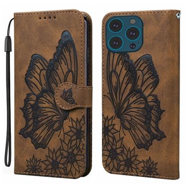 Peňaženkové kožené puzdro Butterflies na iPhone 15 Pro - Hnedá