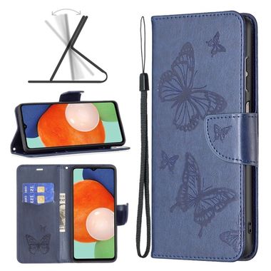 Peňaženkové kožené puzdro BUTTERFLIES na Samsung Galaxy A13 - Modrá