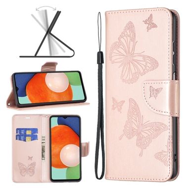 Peňaženkové kožené puzdro BUTTERFLIES na Samsung Galaxy A13 - Ružovozlatá