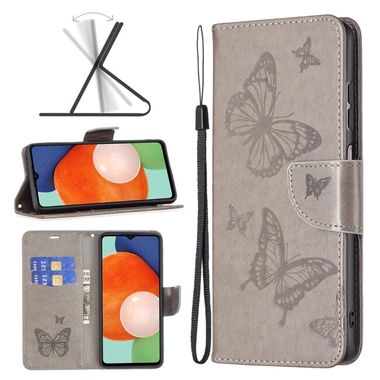 Peňaženkové kožené puzdro BUTTERFLIES na Samsung Galaxy A13 - Šedá