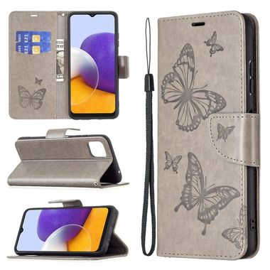 Peňaženkové kožené puzdro BUTTERFLIES na Samsung Galaxy A22 5G - Šedá