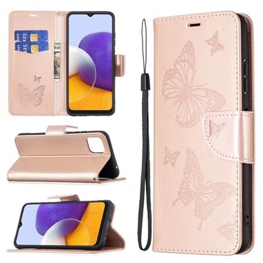 Peňaženkové kožené puzdro BUTTERFLIES na Samsung Galaxy A22 5G - Zlatoružová