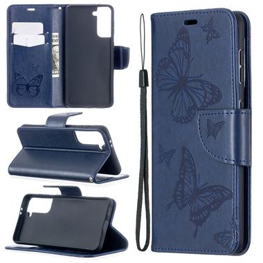 Peňaženkové kožené puzdro BUTTERFLIES na Samsung Galaxy  S21 5G  - Modrá
