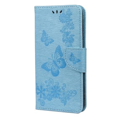 Peňaženkové kožené puzdro BUTTERFLIES na Samsung Galaxy S21 FE - Modrá