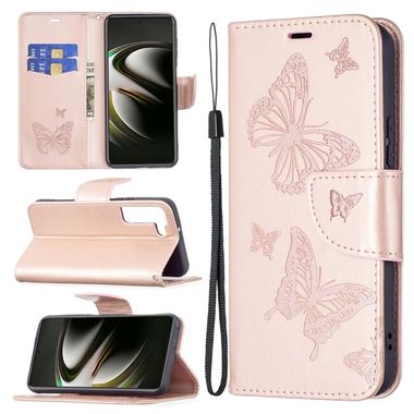 Peňaženkové kožené puzdro BUTTERFLIES na Samsung Galaxy S22 5G - Ružovozlatá