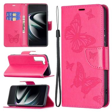 Peňaženkové kožené puzdro BUTTERFLIES na Samsung Galaxy S22 Plus 5G - Rose Red