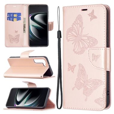 Peňaženkové kožené puzdro BUTTERFLIES na Samsung Galaxy S22 Plus 5G - Ružovozlatá