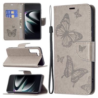 Peňaženkové kožené puzdro BUTTERFLIES na Samsung Galaxy S22 Plus 5G - Šedá