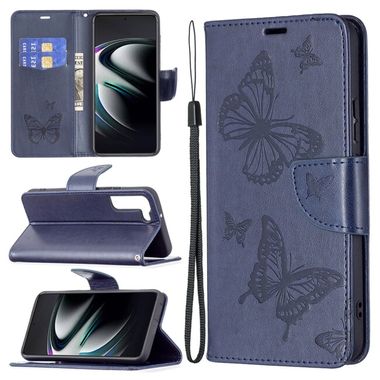 Peňaženkové kožené puzdro BUTTERFLIES na Samsung Galaxy S22 Ultra 5G - Modrá