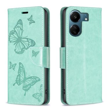 Peňaženkové kožené puzdro Butterflies na Xiaomi Redmi 13C - Zelená